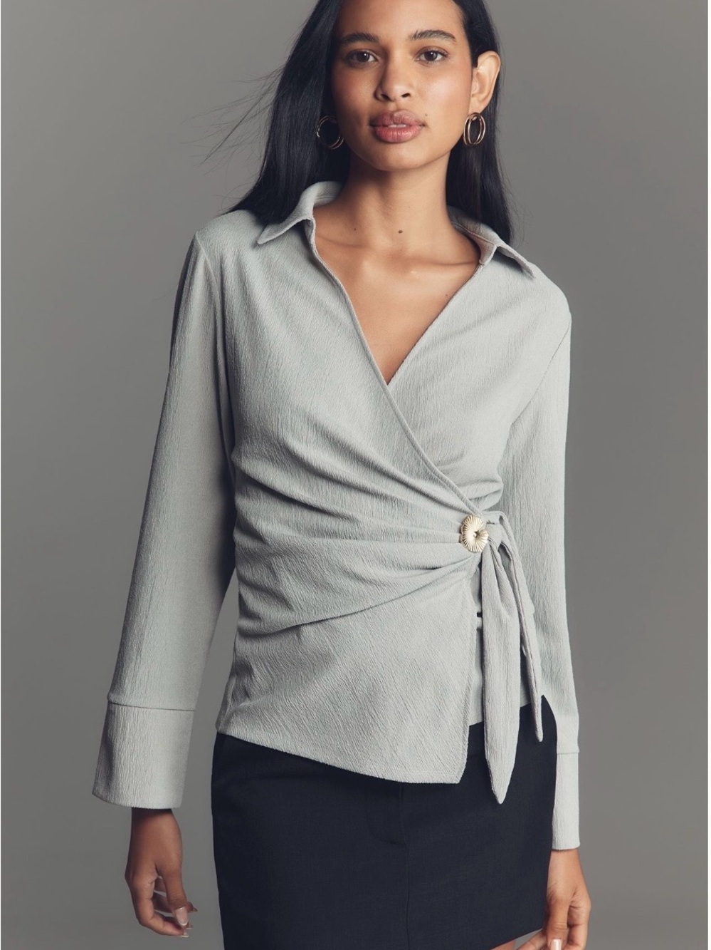 NWT Anthropologie Hardware Pale Gray Wrap Blouse with Side Tie size Medium